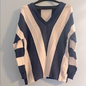 Nautical Navy Blue and White V-Neck Sweater with Geometric Design L